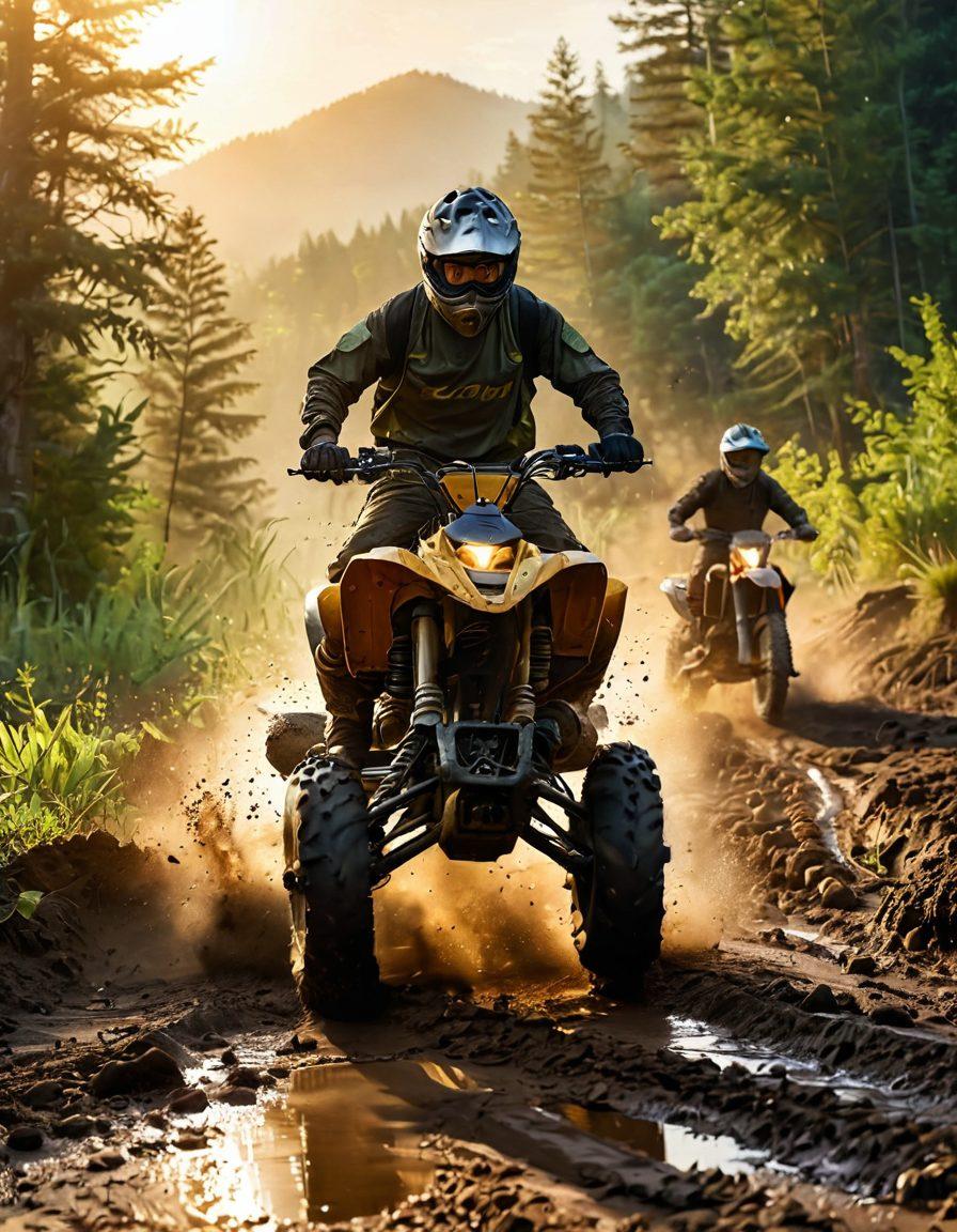 A thrilling scene showcasing a rugged ATV and a dirt bike racing through a muddy trail surrounded by lush green trees and mountains in the background. The sun is setting, casting a golden hue over the landscape, and splashes of mud are flying as the vehicles navigate the terrain. Include a sense of adventure with a rider in action, wearing protective gear and a determined expression. super-realistic. vibrant colors. epic scenery.