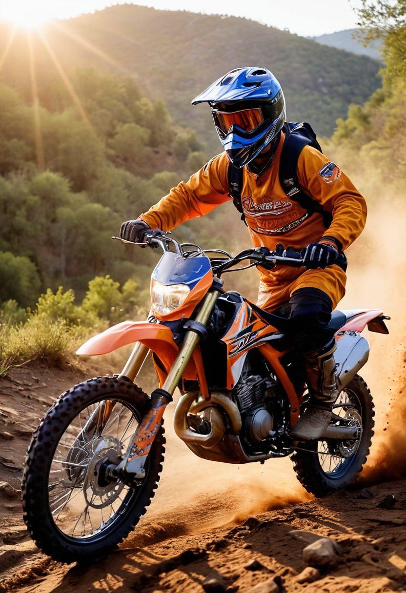 A dynamic scene showcasing an adventurous off-road riding experience, featuring a rugged terrain filled with dirt trails, mountains, and trees. Include a dirt bike in action with a rider wearing colorful protective gear, capturing the thrill of the sport. Surround the rider with an array of power sports gear like helmets, gloves, and goggles displayed prominently. The sky should reflect a vibrant sunset to evoke a sense of excitement and freedom. super-realistic. vibrant colors. outdoor adventure.