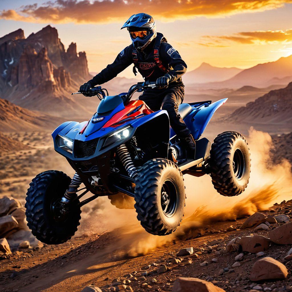 A dynamic scene depicting an extreme rider in full gear, soaring through rugged terrain on a powerful all-terrain vehicle. The rider is adorned with the latest cutting-edge power sports gear, showcasing vibrant designs and high-tech features. Dust flies as they speed past breathtaking mountains under a dramatic sunset, emphasizing the thrill of adventure. Include a sense of motion and excitement in the composition. super-realistic. vibrant colors. dramatic lighting.